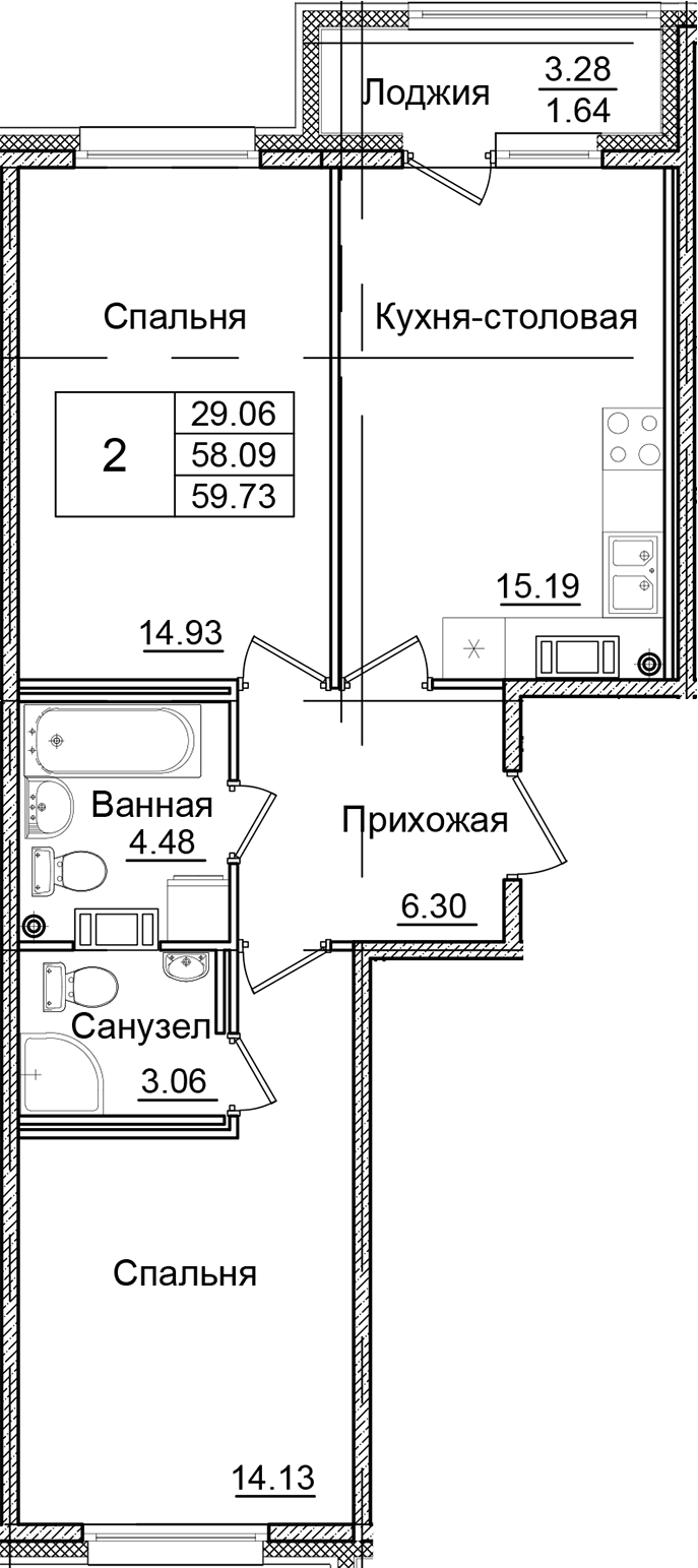 2-комнатная квартира 59.73 м², 5/9 эт., ЖК «Квартал Заречье»